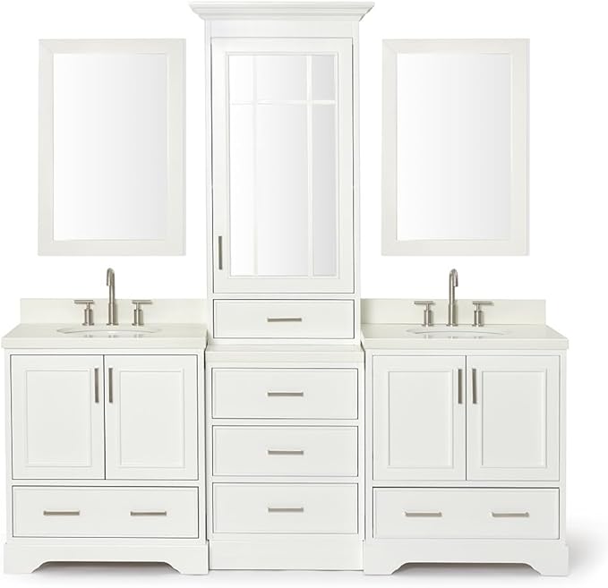 ARIEL Stafford 84-inch Bathroom Vanity with Sink,Solid Wood, 1.5-inch Pure White Quartz Countertop & Backsplash, Double Oval Porcelain Sink, 5 Soft Closing Doors, 6 Dovetail Drawers, White