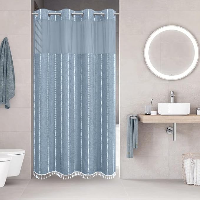 eachope No Hook Stall Shower Curtain with Snap-in Fabric Liner - 54x80 Heavy-Duty Linen Textured Striped Design,Narrow Rustic Modern Farmhouse Bohemian Bathroom Curtain,Water-Repellent,Blue | 330GSM Heavy-Duty Linen Textured Striped Design,Narrow Rusti...