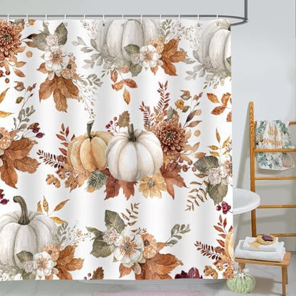 Fall Pumpkin Shower Curtain 72"x72" Waterproof Polyester, Autumn Leaves Floral Thanksgiving Bathroom Decor Includes 12 Hooks