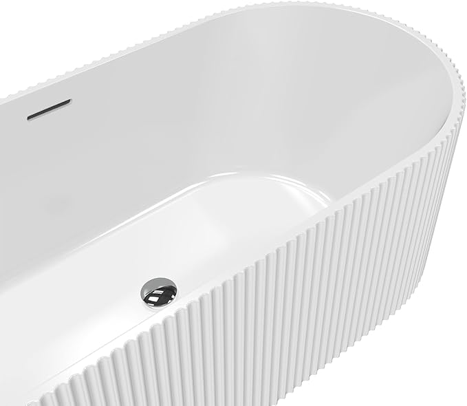 59 Inch Acrylic Freestanding Bathtub, Deep Soaking Tub with Non-Slip Base, cUPC Certified Free Standing Tub, Chrome Drain Bath Tub, Modern Tub for Bathrooms, White