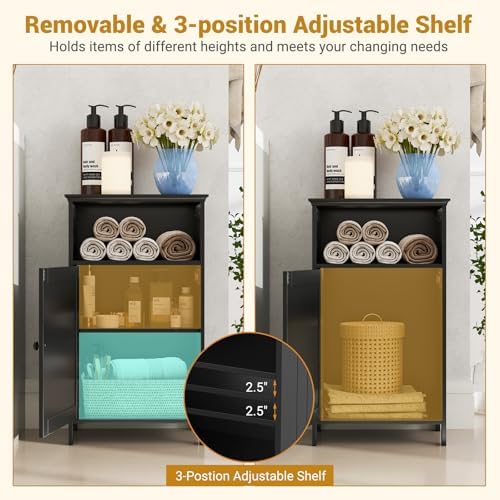 LDAILY Bathroom Cabinet, Freestanding Small Cabinet with Door, 3-Position Adjustable and Removable Shelf, Anti-Tipping Device, Wooden Floor Organizer for Bathroom, Kitchen, Office (Dark)
