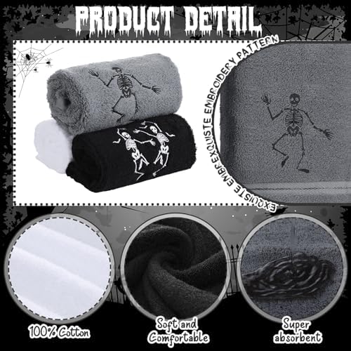 FuWeave 3 Pcs Black White Halloween Skeleton Hand Towels for Bathroom