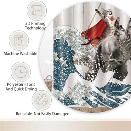 Funny Cat Riding Dinosaur Shower Curtain - Japanese Ocean Wave Design, Nautical Kids Children Rustic Wooden Farmhouse Style, 60X70inch, Brown