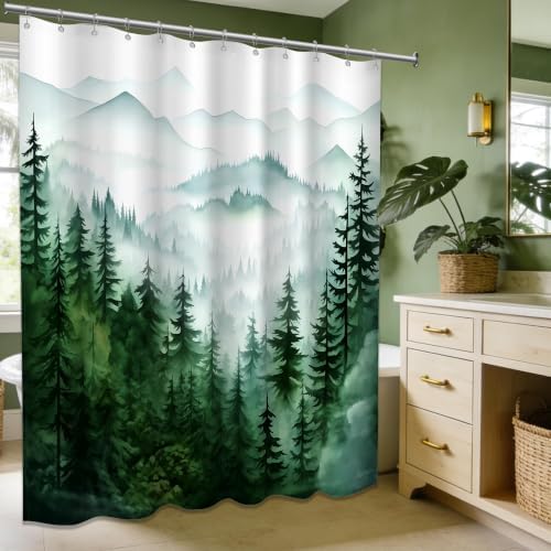 Dark Green and White Extra Long Shower Curtain, Tall 72X96 in, Forest