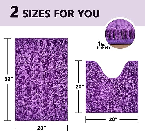 BOANKODU Bathroom Rugs Sets 2 Piece, Absorbent Bath Mat for Bathroom Very Soft Chenille Non-Slip, 32x20 Inch + 20x20 Inch U Shape Bathroom Mat, Machine Washable Bath Rugs (Violet)
