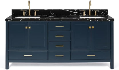 ARIEL Cambridge 72 Inch Double Rectangle Sink Bathroom Vanity with Nero Marquina Black Quartz Countertop 1.5 Inch in Midnight Blue