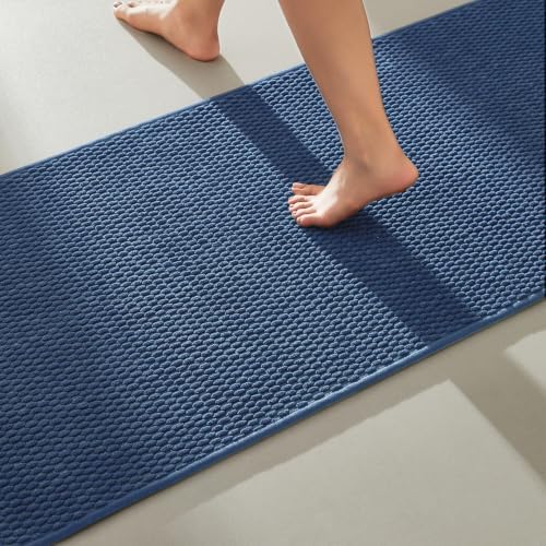 TYUU Bathroom Runner Rugs, Long Bath Mat Runner Washable Thin Quick Dry Low Pile Bathroom Runner Rugs Non Slip, Navy Blue 24"x70"