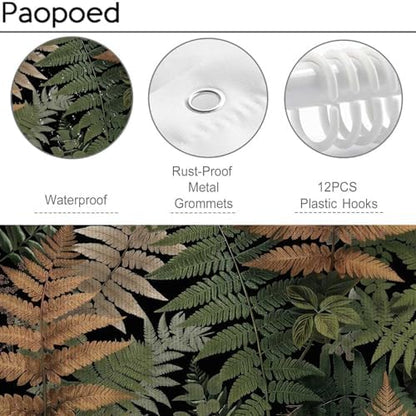 Botanical Fern Shower Curtain 72x72 Inch, Dark Green Nature Leaf Bathroom Curtain with Gold Fern Pattern Waterproof Fabric Bath Curtain Set with 12 Hooks for Home Decor