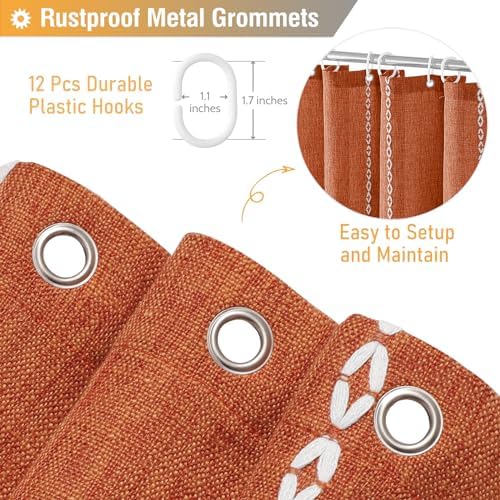 BTTN Burnt Orange Boho Farmhouse Linen Heavy Duty Shower Curtain Set, 72x72