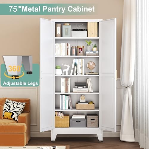 Metal Pantry Cabinet with 2 Doors and 5 Adjustable Shelves, 75"Kitchen Storage cabinets with Gold Handles, Versatile Storage for Laundry Room, Living Room, Bathroom, Dinning Room, Utility Room-White
