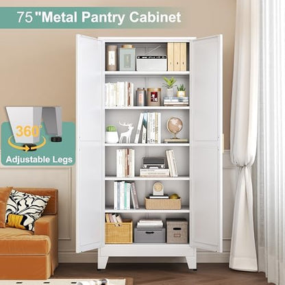 Metal Pantry Cabinet with 2 Doors and 5 Adjustable Shelves, 75"Kitchen Storage cabinets with Gold Handles, Versatile Storage for Laundry Room, Living Room, Bathroom, Dinning Room, Utility Room-White