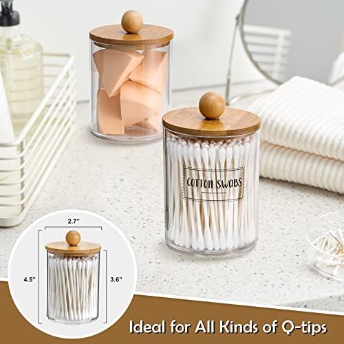 VITEVER 3 Pack Qtip Holder Dispenser with Bamboo Lids - 10 oz Clear Plastic Apothecary Jar Containers for Vanity Makeup Organizer Storage - Bathroom Accessories Set for Cotton Swab, Ball, Pads, Floss