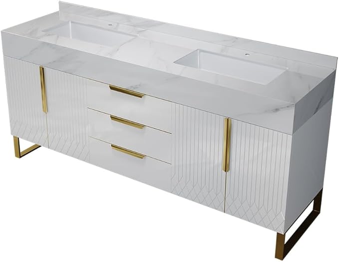 KunMai 59" White Freestanding Bathroom Vanity with Faux Marble Top, Double Ceramic Vessel Sinks, Floor-Standing Design, 3 Drawers for Storage, Modern Bathroom Cabinet with Gold Hardware Finish