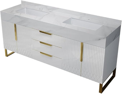 KunMai 59" White Freestanding Bathroom Vanity with Faux Marble Top, Double Ceramic Vessel Sinks, Floor-Standing Design, 3 Drawers for Storage, Modern Bathroom Cabinet with Gold Hardware Finish