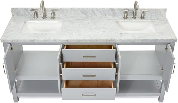 DKB Olivia 72-Inch Grey Double Bathroom Vanity, 1.5-Inch Edge Italian Carrara Marble Countertop & Backsplash, Rectangular Sinks, 4 Soft Closing Doors, 3 Dovetail Drawers, Open Shelf, Brushed Nickel