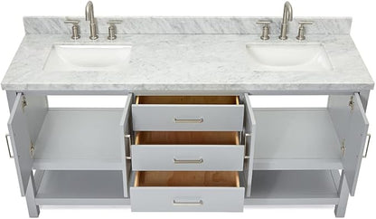 ARIEL 73" Grey Double Bathroom Vanity with 1.5" Edge Italian Carrara Marble Countertop & Splash, Rectangular Sinks, 4 Soft Closing Doors, 3 Dovetail Full Extensions Drawers, Brushed Nickel