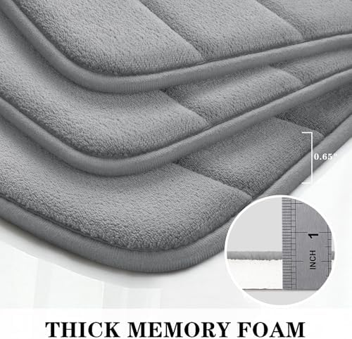 BYSURE Grey Memory Foam Bathroom Rug Set 3 Piece, Non Slip Extra Soft Absorbent Bath Mats, Machine Washable & Dry Toilet Mat Sets for Bathroom Floor
