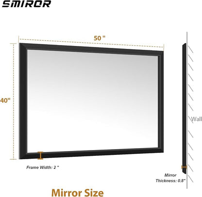 SMIROR 50x40 Matte Black Bathroom Vanity Mirror for Over Sink | Metal Wide Frame, Rectangle, Right- Angle Corner, Anti-Rust, Horizontally or Vertically Wall- Mounted for Home Remodel