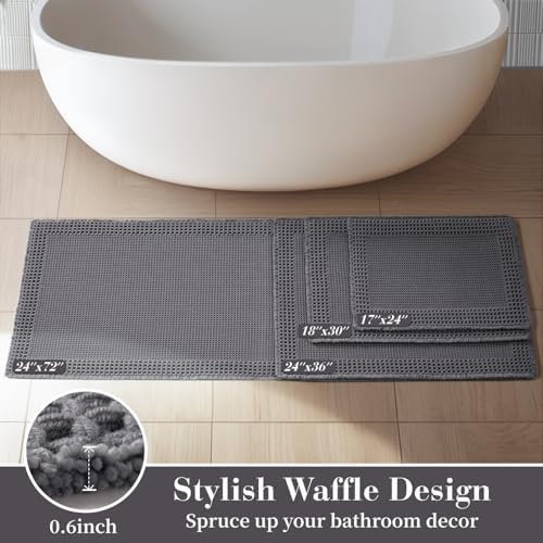 RESARE Waffle Bathroom Runner Rugs, Non Slip Boho Bath Mat 24x72 Dark Grey