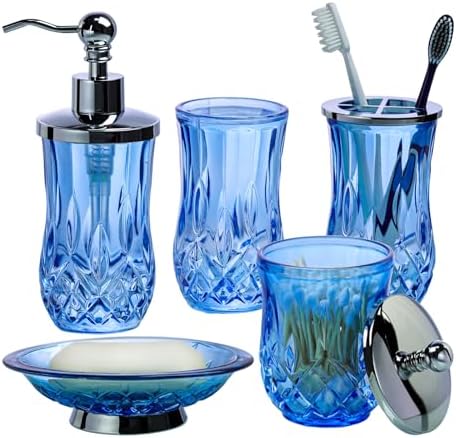 Blue Bathroom Accessories, Round Thick Glass & Metal Pump