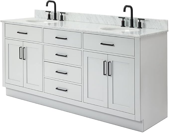 ARIEL Hepburn 72-inch Bathroom Vanity with Sink,Solid Wood, 0.75-inch Italian Carrara Marble Countertop & Backsplash, Double Oval Porcelain Sink, 4 Soft Closing Doors, 6 Dovetail Drawers, Grey