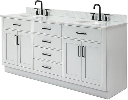 ARIEL Hepburn 72-inch Bathroom Vanity with Sink,Solid Wood, 0.75-inch Italian Carrara Marble Countertop & Backsplash, Double Oval Porcelain Sink, 4 Soft Closing Doors, 6 Dovetail Drawers, Grey