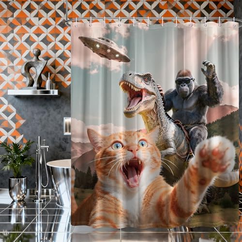 Extra Tall Shower Curtain XL Fun Cat Dinosaur, 70 x 78 Inchs