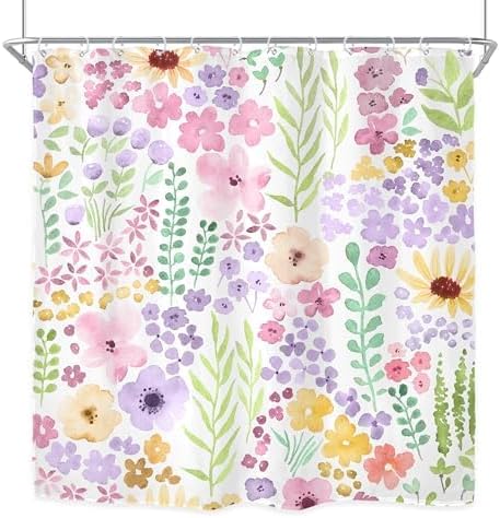 Pink Purple Cute Floral Boho Spring Kids Girls Bathroom Shower Curtain Set | 72"W x 72"H Wildflower Watercolor; waterproof HD print, quick-dry fabric with 12 hooks for easy hanging.