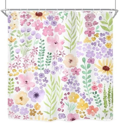 Pink Purple Cute Floral Boho Spring Kids Girls Bathroom Shower Curtain Set | 72"W x 72"H Wildflower Watercolor; waterproof HD print, quick-dry fabric with 12 hooks for easy hanging.