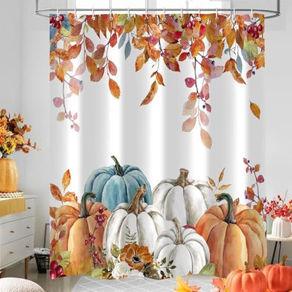 Fall Pumpkin Shower Curtain, Thanksgiving Autumn Maple Leaves Watercolor Floral Harvest Boho Bathroom Curtains with Hooks for Bathroom Bathtubs Decor, Waterproof Polyester Fabric 72x72
