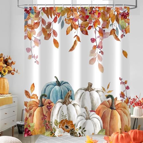 Fall Pumpkin Shower Curtains for Bathroom, Thanksgiving Teal Eucalyptus Leaves Watercolor Pumpkins Farmhouse Rustic Vintage Boho Bathroom Decor Set, Waterproof Fabric Polyester with Hooks 72x84 White