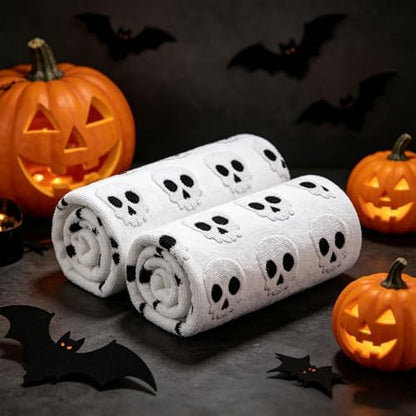 2 Pack Halloween Hand Towels 100% Cotton Jacquard Skeleton Halloween Kitchen Towels White Bathroom Towels Set Seasonal Bathroom Decor(White Skeleton, Halloween)
