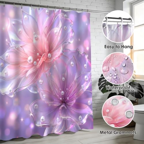 DDQQ 4 Pcs Floral Bathroom Sets with Shower Curtain and Rugs, Pink and Purple Lotus Bathroom Decor Set, Pearl Shower Curtain Set with 12 Hooks