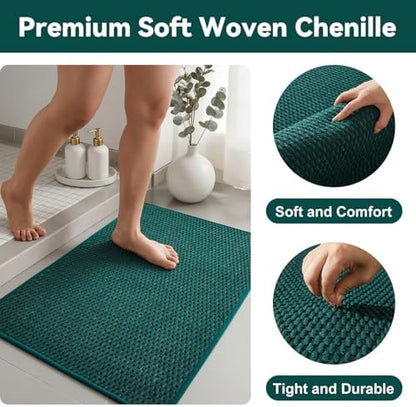 Triohero Bathroom Rugs Non Slip Washable, Super Absorbent Thin Bath Mat Quick Dry Low Pile Bathroom Rug, Dark Green 24"x47"