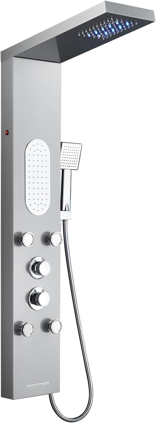 MENATT Luxury Shower Tower System with LED Shower Head, 5 Functions Shower Panel Tower System with 4 pcs Body Massage Jets,Body Waterfall Spray, Handheld Shower and Tub Spout, Brushed Finish