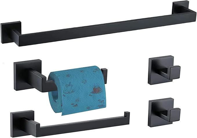 Bathroom Hardware Set 5 Piece Matte Black Bathroom Accessories Set SUS304 Towel Bar Set Includes 1 Towel Bar 24 Inch+1 Towel Holder+1 Toilet Paper Holder+2 Towel Hooks (5, Matte Black, 24 Inch)