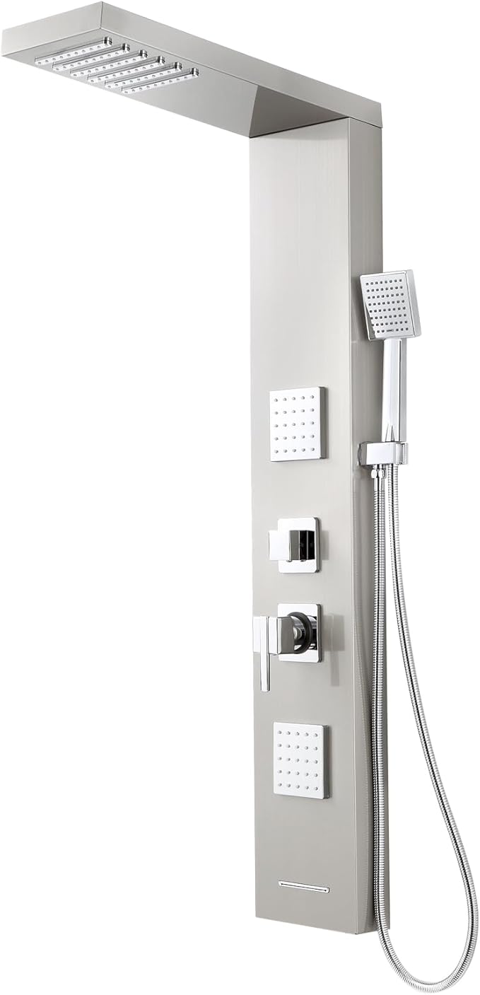 ROVOGO Shower Panel Tower System with High Pressure Shower Head, Body Jets, Handheld and Tub Spout, 46.5" Shower Column Stainless Steel with Mixer Valve, Brushed