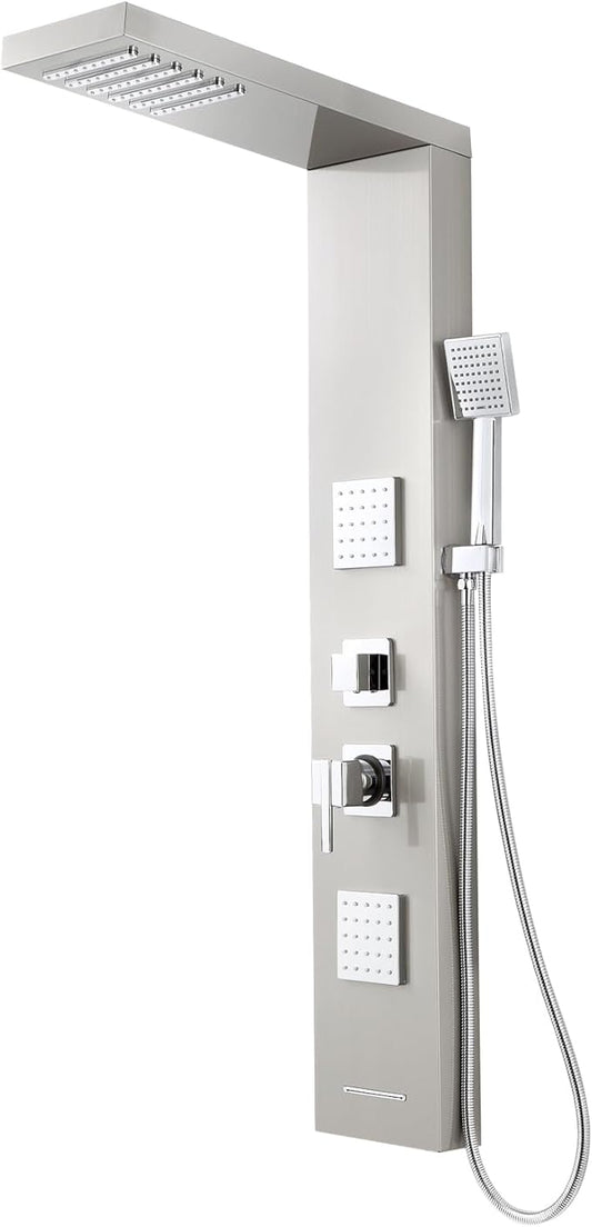 ROVOGO Shower Panel Tower System with High Pressure Shower Head, Body Jets, Handheld and Tub Spout, 46.5" Shower Column Stainless Steel with Mixer Valve, Brushed