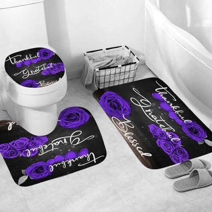 Onalasyc 4Pcs Purple Rose Floral Shower Curtain with Rugs Set