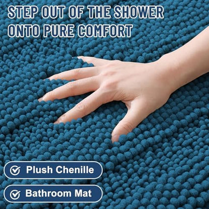 Grandaily Chenille Striped Bathroom Rugs 30x20, Extra Thick and Absorbent Bath Mats, Non-Slip Soft Plush Shaggy Shower Carpet, Machine Wash Dry, Bath Rug for Bathroom, (Medium, Peacock Blue)