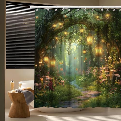 Fantasy Forest Path Shower Curtain Fairy Magical Enchanted Misty Jungle Mushroom Floral Tree Butterfly Lantern Wonderland Plant Bath Curtain Fabric Bathroom Accessories Decor with Hooks 60W x70L