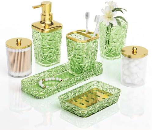 Green Bathroom Accessories Set 7 Pcs, Green Bathroom Sets, Acrylic Soap Dispenser and Toothbrush Holder Set, Qtip Holder Set, Bathroom Sink Set, Gift for Home Apartment