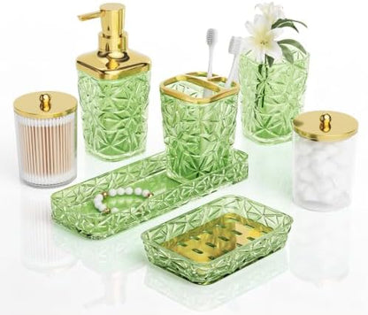 Green Bathroom Accessories Set 7 Pcs, Green Bathroom Sets, Acrylic Soap Dispenser and Toothbrush Holder Set, Qtip Holder Set, Bathroom Sink Set, Gift for Home Apartment