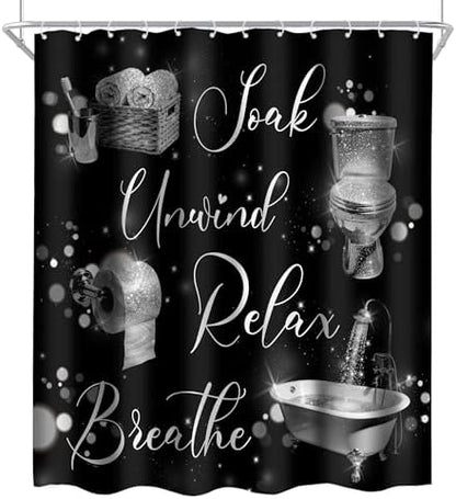 Silver Black Funny Quotes Words 4Pcs Bathroom Shower Curtain Set with Rugs