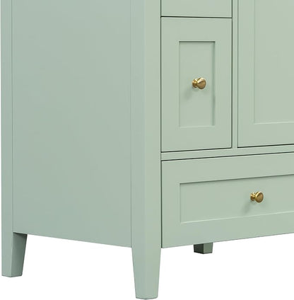 24" Bathroom Vanity with Ceramic Sink,Undermount Single Basin Bath Vanity Set w/3 Drawers and Adjustable Shelf,Modern Freestanding Storage Cabinet,MDF & Rubberwood,Green