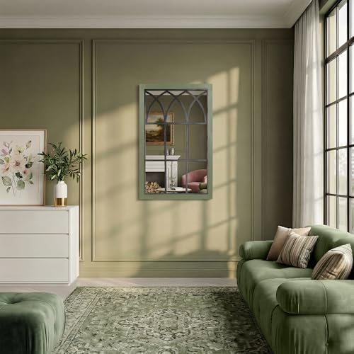 Retro Green Window Mirror for Wall Decor, Wood Frame Decorative Wall Mirror