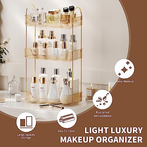 Akinbas 3 Tier Bathroom Organizer Countertop Makeup Perfume Tray Skincare Organizer for Bathroom Dresser Vanity (Gold)