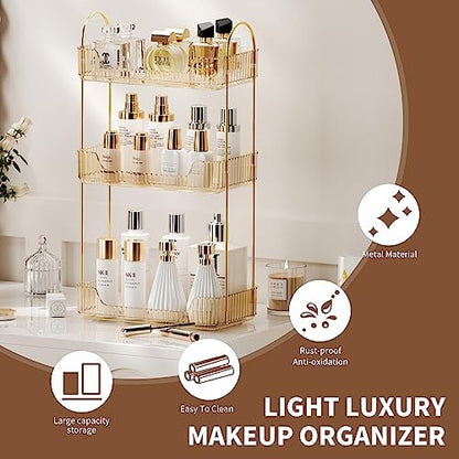 Akinbas 3 Tier Bathroom Organizer Countertop Makeup Perfume Tray Skincare Organizer for Bathroom Dresser Vanity (Gold)