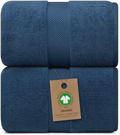 Alusa Home 100% Organic Luxury Bath Sheets - GOTS Certified - Extra Large 35x70 Inches (Pack of 2) Zero-Twist, Long-Staple Cotton Bath Sheet Set (Navy Blue)