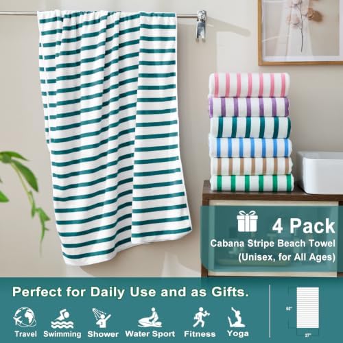 JML Microfiber Beach Towels, 4 Pack, 27" x 55", Cabana Stripe Dark Green
